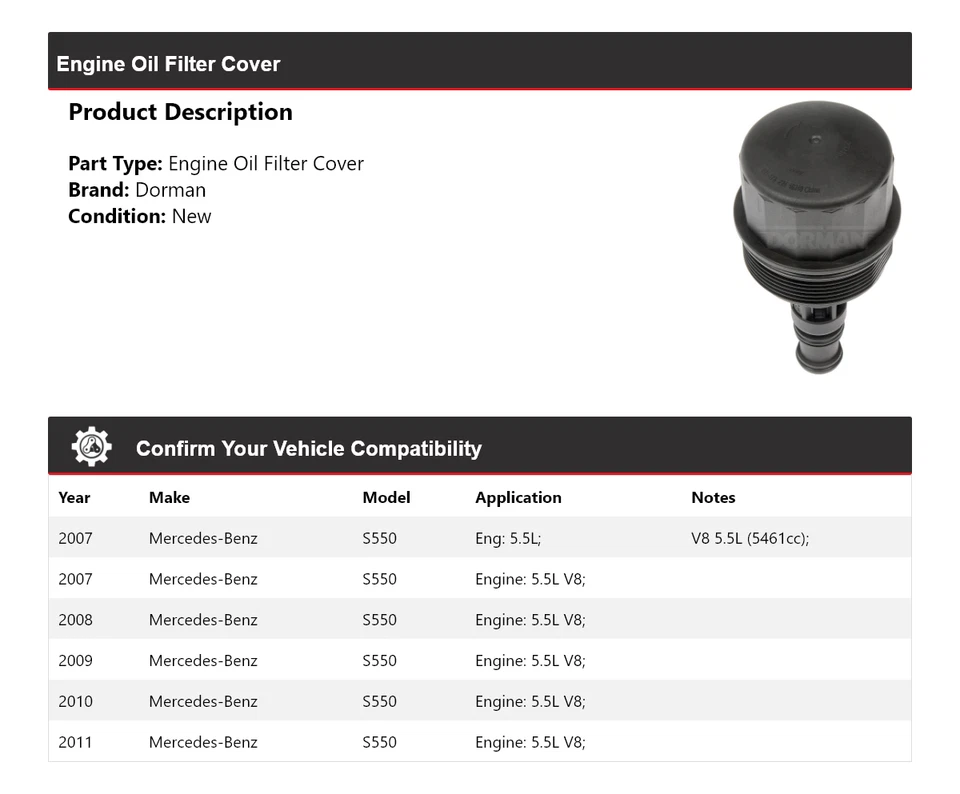 Tampa do filtro de óleo do motor 2008 2009 2010 para 2007-2011 Mercedes-Benz S550 Dorman - Imagem 2 de 4