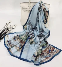 100% Silk Scarf Women neckerchief large Shawl Wrap floral blue brown gray CX6-88