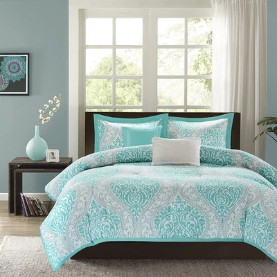 QUALITY BEAUTIFUL MODERN CHIC BLUE TEAL AQUA SCROLL GREY WHITE BEACH SOFT COMFORTER SET