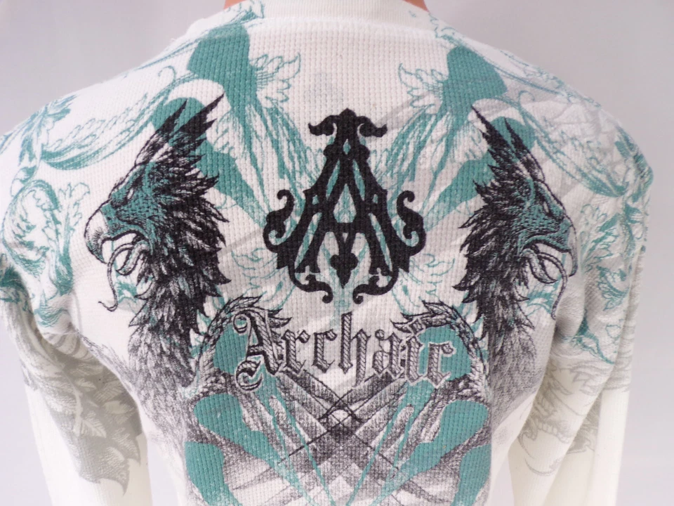 Camisa Arcaica De Colección EE. UU. Hombres Mujeres S/M Dragón Gótico Algodón LS Crema Turquesa B24 Foto 2 de 4