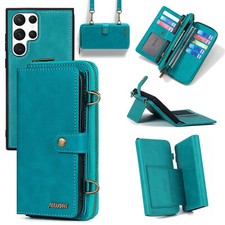 Leather Removable Women Zipper Wallet Flip Card Retractable Shoulder Bag Case