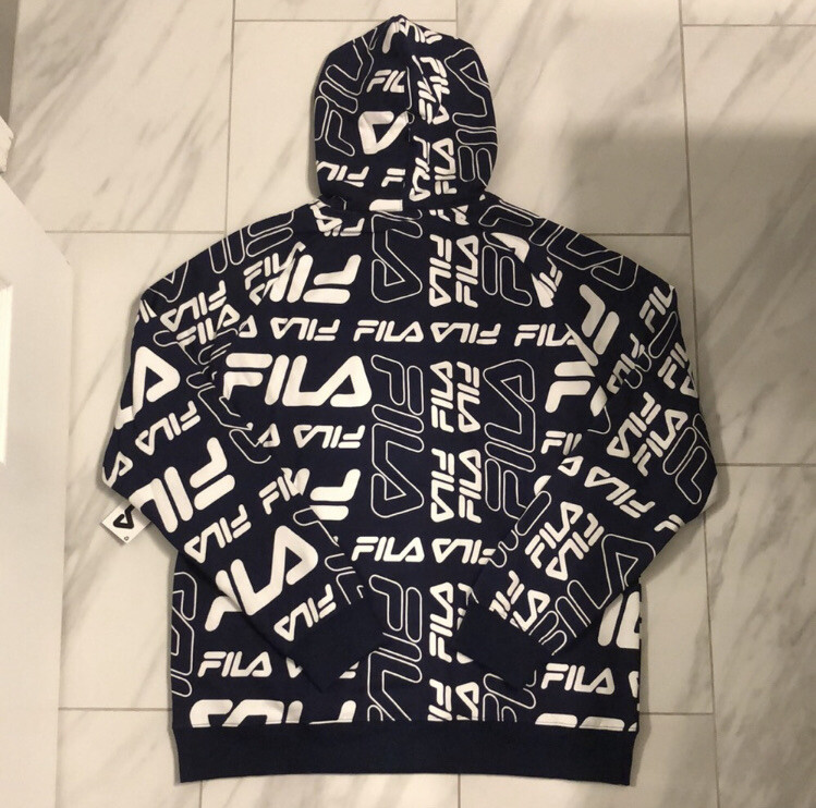 FILA Pullover Uomo All Over Felpa con Cappuccio Blu Navy Bianco 65€ Large Nuovo