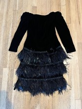 Vintage Victor Costa Black Velvet Dress Real Feathers Sequins Off Shoulder N/S