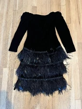 Vintage Victor Costa Black Velvet Dress Real Feathers Sequins Off Shoulder N/S