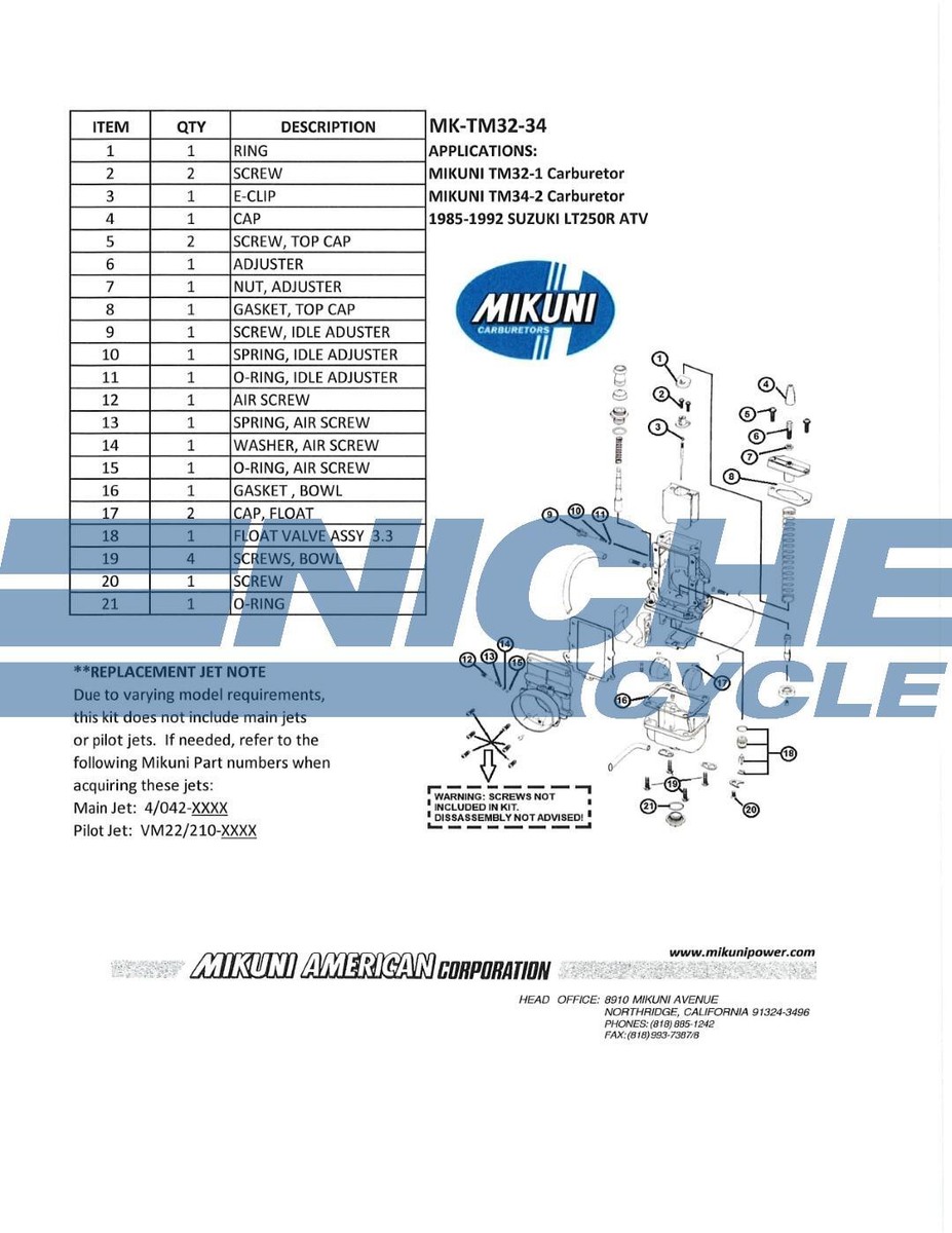 Genuine Mikuni TM32 TM34 OEM Carburetor Rebuild Kit MK-TM32-34 | eBay