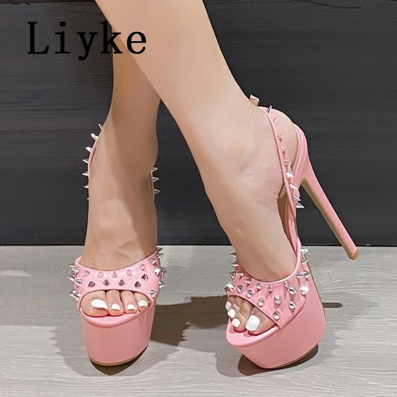 Liyke Pink Metal Rivet Open Toe Platform High Heel Sandals