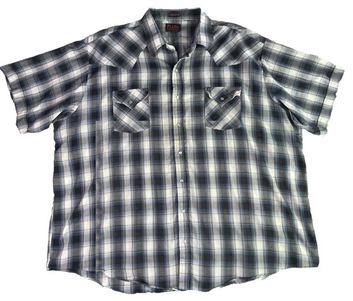 Camisa Plains Western Wear Azul Negra 3X Hombre Grande Manga Corta Cuadros Perla A Presión