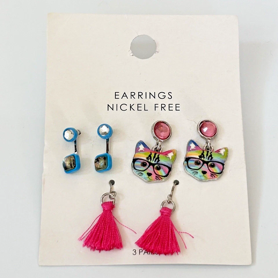 Pendientes de aro con dije para niñas gatos azul rosa níquel libre Aee 3+ 3 pares regalo Foto 2 de 4