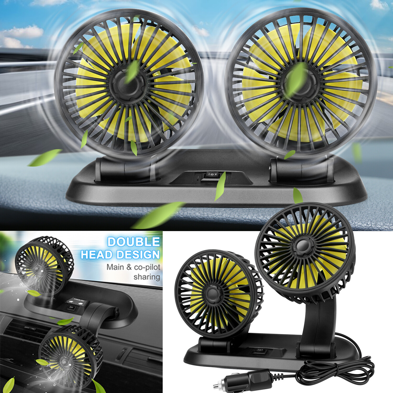12V Car Truck Van Dual Head Cooling Fan 360° Adjustable Air Cooler