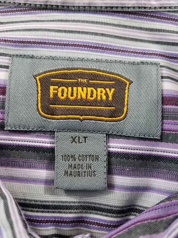 Foundry Men’s Long Sleeve Button Up Shirt XLT XL Tall Purple Gray Stripes Pocket - Image 4 of 4