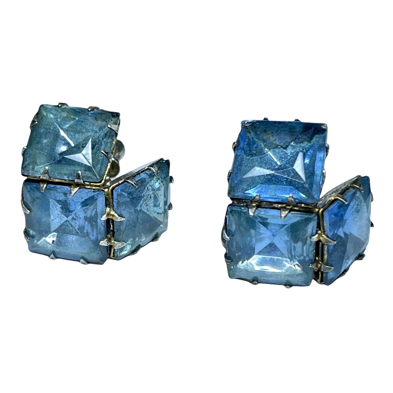 Vintage Sterling Silver Blue Glass Stone Screw-Back Clip Earrings Signed