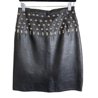 Firenze Santa Barbara Saks Fifth Avenue Sz 8 Studded Black Genuine Leather Skirt