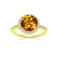 Round Halo Simulated Citrine  Cubic Zirconia Ring in Gold Plated Silver, Size 7