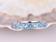 14K White Gold Plated 1Ct Round Lab Created Blue Topaz Half EternityWedding Ring