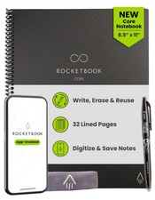 Rocketbook Core Reusable Smart Notebook, Lined Pages Premium Letter, Black