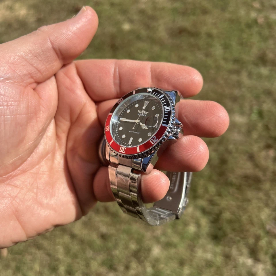 Reloj mecánico automático Winner de acero inoxidable para hombre - Bisel de Coca-Cola impermeable Foto 3 de 4