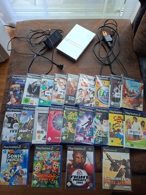 Sony PlayStation 2 Silber Spielkonsole, 22 Spiele, Konvolut, Controller,Singstar