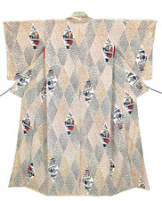 Vintage Japan Tsumugi Kimono XS Modern Geometric Yuki 24.2" Silk Blend UNUSED