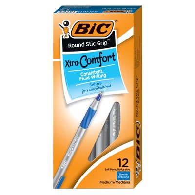 BIC Round Stic Grip Xtra Comfort Ballpoint Pen, Medium Point (1.2mm), Blue,