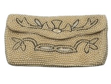 vintage Purse handbag clutch no handle pearls magnet button 2 pockets white READ