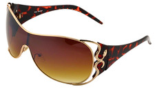 SUNGLASSES-Shield Frame Brown Gradient Lens w/ Tortoiseshell Arms  Gold Scroll
