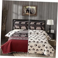 Lodge Rustic Quilt Bedding Set - Full/Queen Quilt 90" 90" Red Black Plaid Bear