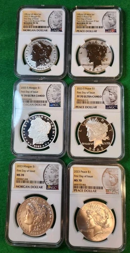 2023 Morgan & Peace Dollar 6-Coin Set MS70 PF70 RP70 FDOI Rare 1st Rev Proof!