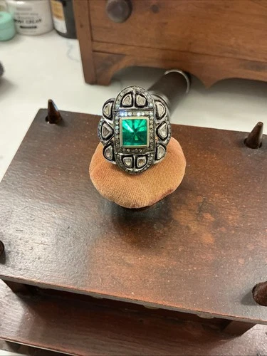 Victorian Green Emerald & Diamond Ring Sterling With Gold Plated Band Size 8.5