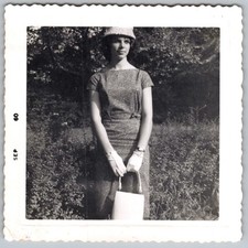 Vtg B&W Snapshot Stylish Woman Hat Gloves Purse Outdoors 1960 Women