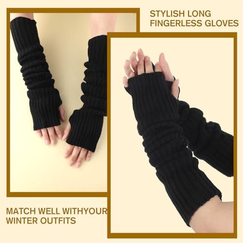 Black Arm Warmers for Women Girls, Knit Fingerless Gloves Winter Fingerless 