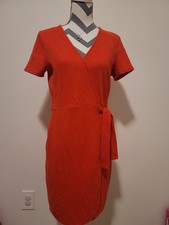 J Crew Sz S Women's Short Sleeve Coral Red Textured Knit Wrap Dress Waist Tie