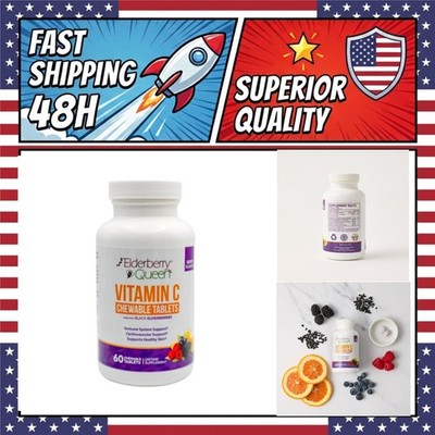 Elderberry Queen Chewable Vitamin C 500mg Immune Support Tablets 60 Ct
