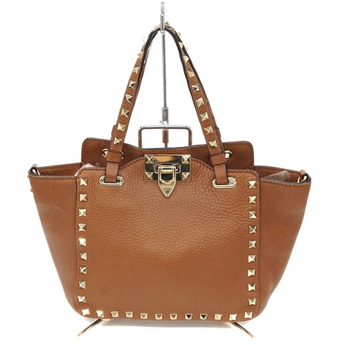 Valentino Rockstud 2WAY Bag Brown Leather with Shoulder Strap Dust Bag #KN1789