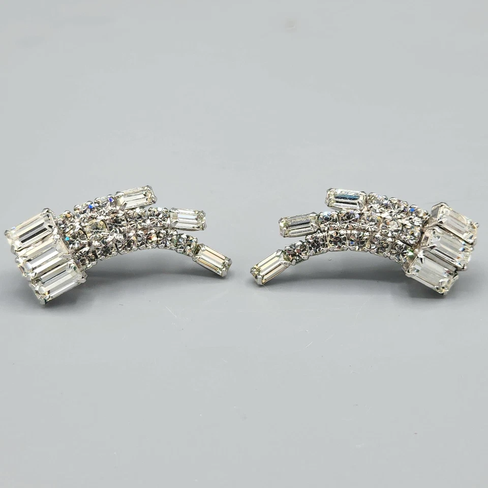 Pendientes Clip Escalador Estrás Cristal Baguette Transparente Diseñador De Colección Sin Firmar Foto 2 de 4