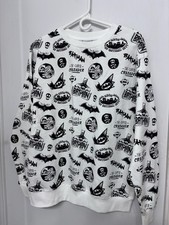 Batman Licensed White Black Fleece Sweatshirt M Graphic Print Long Sleeve