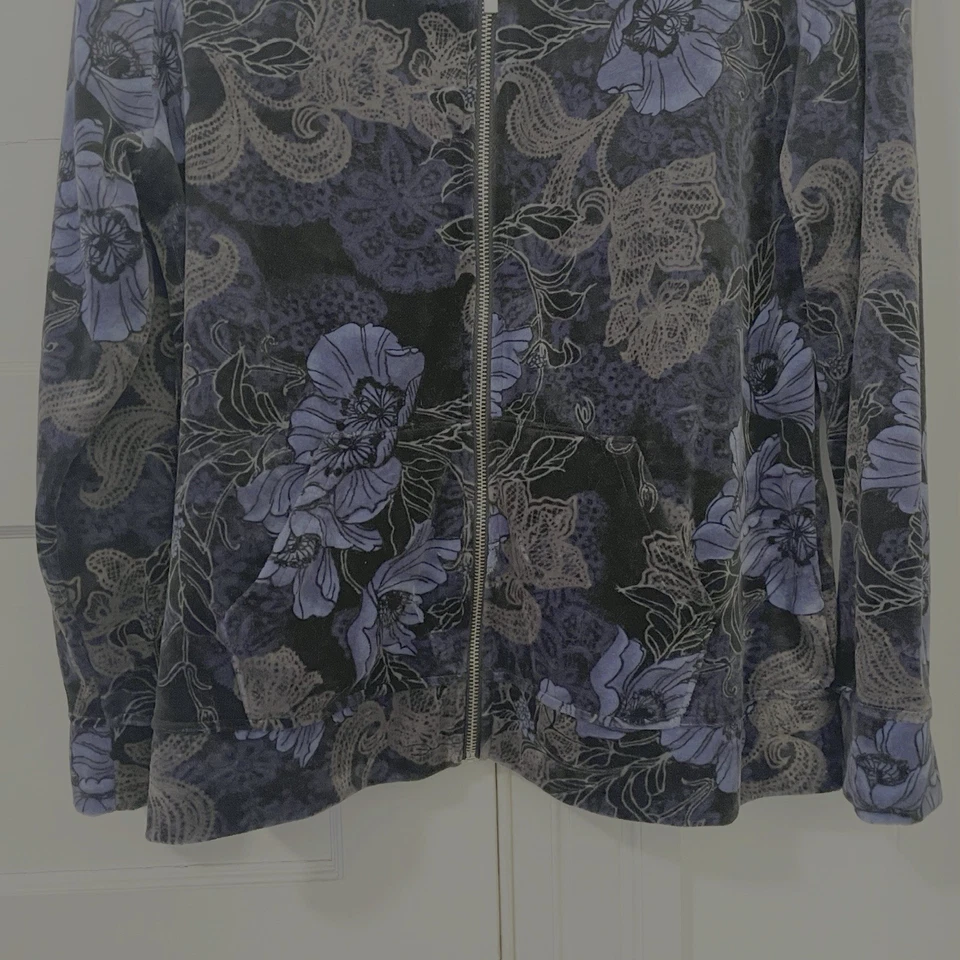 Karen Scott Women's L Black Velour Floral Jacket Full Zip Pockets Relaxed Mature - Image 3 of 4