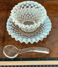 Vintage FENTON FRENCH OPALESCENT HOBNAIL Ruffled MAYO Bowl-Underplate Spoon