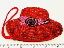 Vintage Red Hat Society Small Hat Shaped Beaded Coin Purse Great Condition