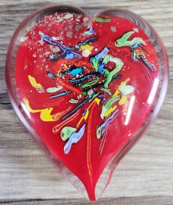 Art Glass Red Heart Paperweight Metallic Flecks & Color Stripes Hand Blown 4'' T