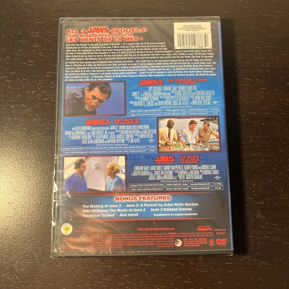 Jaws Trilogy Collection (New DVD) Shark Classic Thriller Deleted Scenes Bonus - Image 2 of 4