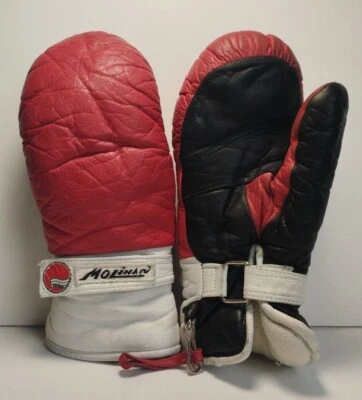 Moufles Cuir Vintage MOLINARI Ski Noir Blanc Rouge 70/80 Femme Lady Mittens 🔵 - Photo 1/4