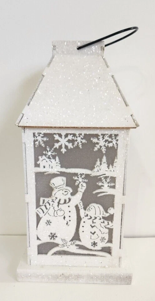 White Wood Lantern Light Up Christmas Mica Sparkle Snowman Hanging Decor - Image 4 of 4