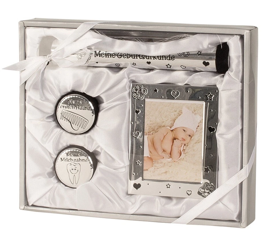 GESCHENKESTADL Baby Set silber Michzahn Haardöschen Fotorahmen Taufe Geburt Geschenkset