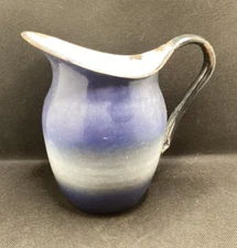 Antique Blue White band Enamel Graniteware Water Pitcher