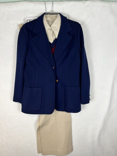 Vintage 70s Beige Navy Maroon 4 PC Suit Set Double Knit Pant Vest Jacket 18 - Picture 4 of 13