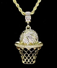 Iced Basketball CZ Pendant 14k Gold Plated 24" Rope Necklace Hip Hop Jewelry