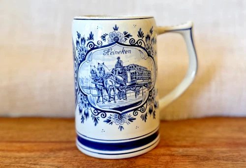Vintage Heineken Blue Delft Hand Painted Dutch Windmill Ship Mug Horse Stein