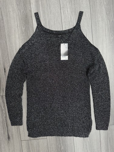 BNWT NEXT BLACK JUMPER STRAPPY OVERSIZE SIZE 8 Silver Fibres Cold Shoulder Long - Picture 20 of 20