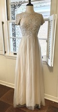 Adrianna Papell dress 2 nude beige beaded tulle gown Maxi Wedding-Elegant Modest
