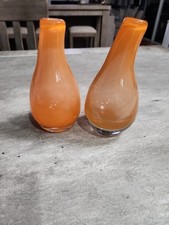 2 Orange Hand Blown Orange Bud Vases Cased Glass Pontil Marks Curved Stem 7.5" 
